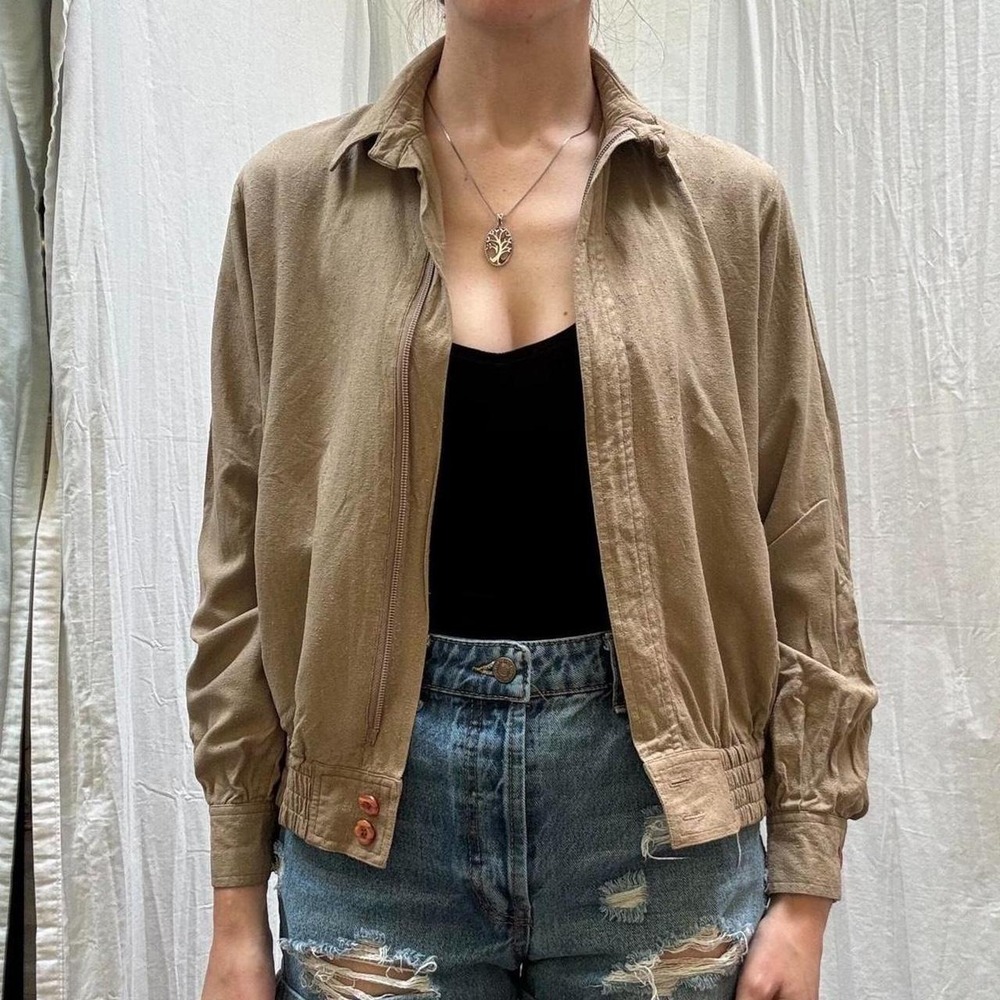 Tan Raw Silk Bomber Jacket Vintage 90s Barbara Fitted Cool Slacker Small